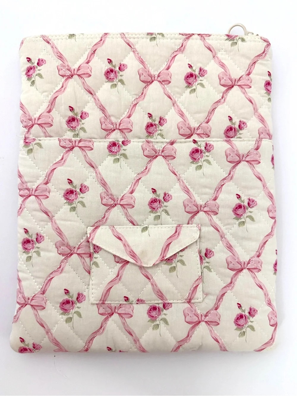 Quilted Pink Bow Rose iPad Laptop Sleeve Coquette Floral Tablet Case Cottagecore